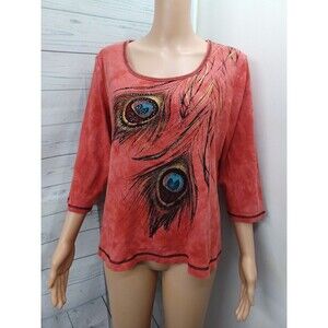 New Directions Coral Red Embellished Knit Top Peacock Feathers Womens XL Cotton
